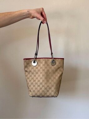 Gucci GG Monogram Small Tote Bag Small Brown + Maroon Silver Hardware